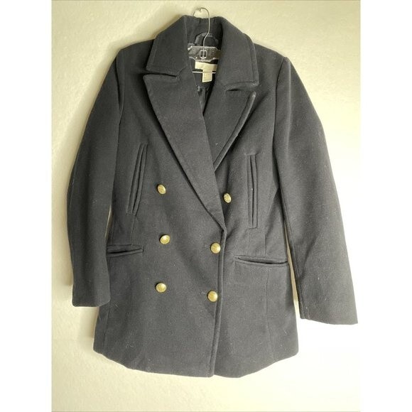 Women's H&M Double-Breasted Faux-Wool Peacoat Black Gold Buttons Size 4 jacket - Picture 1 of 12